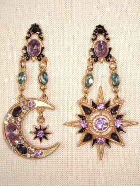 NEW Celestial Asymmetrical Rhinestone Moon Sun & Stars Gold-tone Dangle Earrings